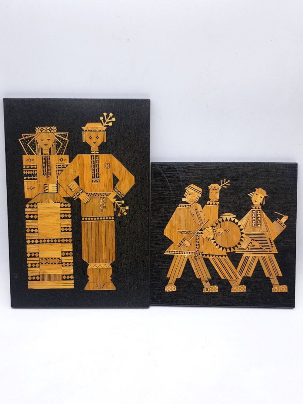 Pair of Soviet Inlaid Straw Wall Plaques
